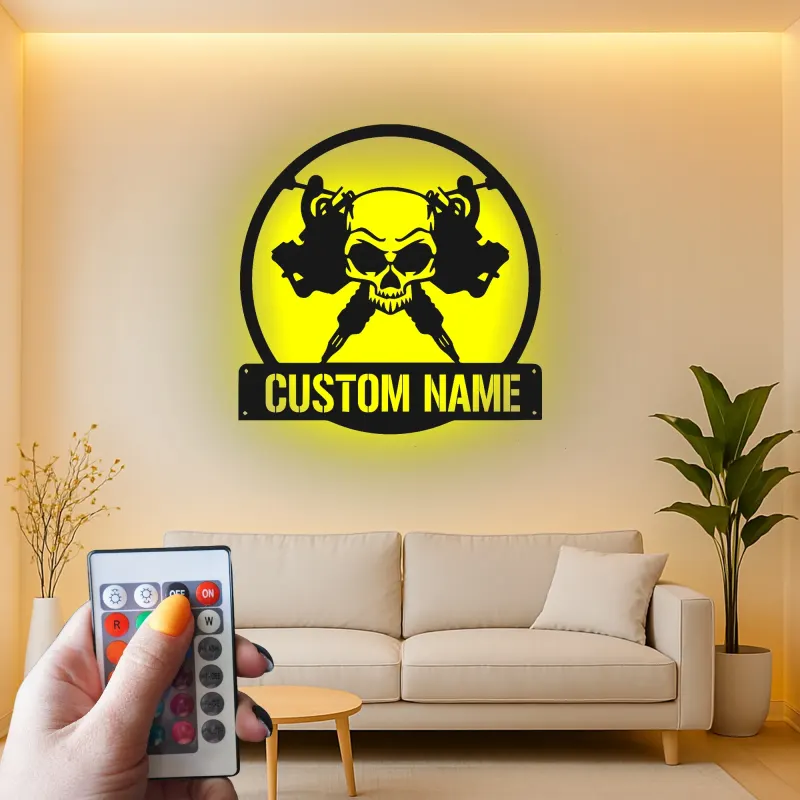 Personalisierte Skull LED-Leuchtschilder | Individuelles Metallschild für Tattoo-Studios | Edles Dekor für Tattoo-Studios und Künstlergeschenke