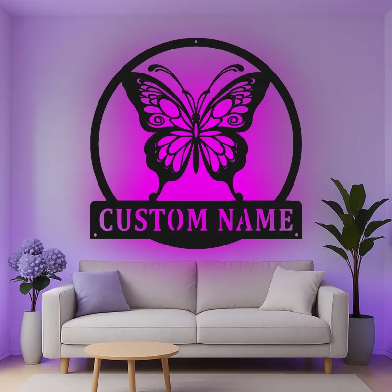 Insegna in metallo personalizzata con farfalla e luce LED, regalo per amanti della natura per decorare la camera da letto o il soggiorno 1