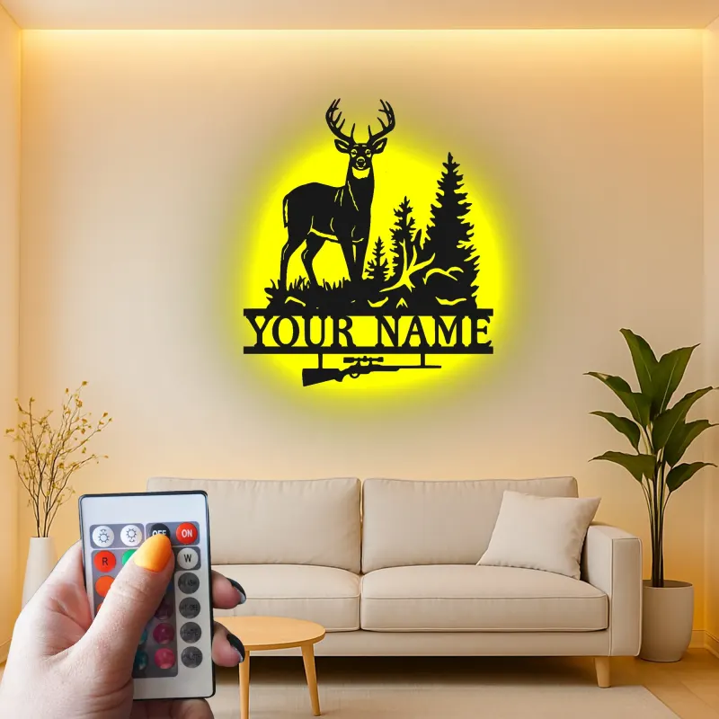 Insegna in metallo personalizzata per cacciatori di cervi con luce LED regalo personalizzato per cacciatori decorazione rustica per cabine 3