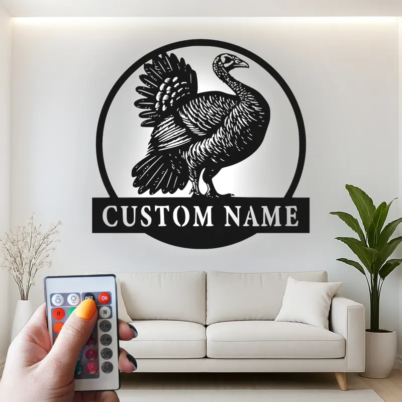 Décoration murale en métal LED personnalisée avec dinde - Cadeau pour chasseurs, décoration de ferme rustique