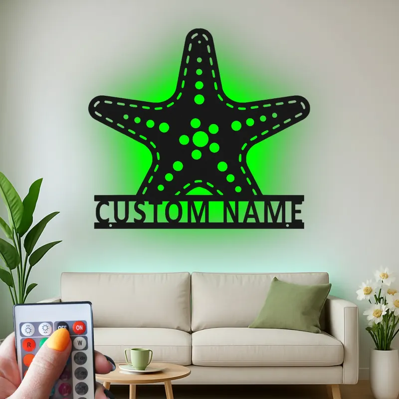 Letrero LED personalizado con estrella de mar | Arte mural de vida marina en metal | Regalo de decoración costera para casa de playa