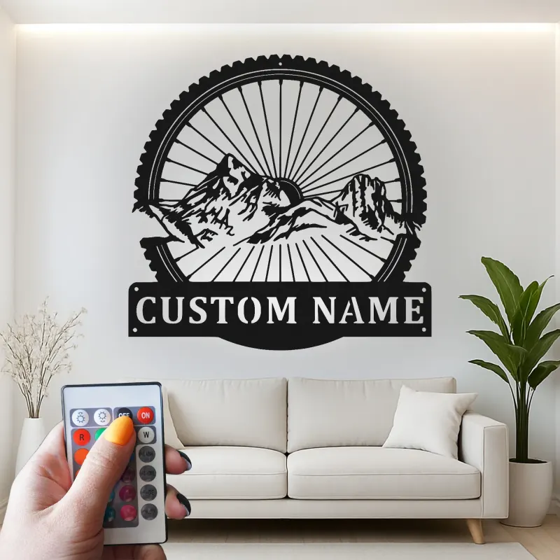 Insegna LED Ruota Mountain Bike Personalizzata | Arte in Metallo Personalizzata per Ciclisti | Decorazione per Avventure all'Aperto e Man Cave