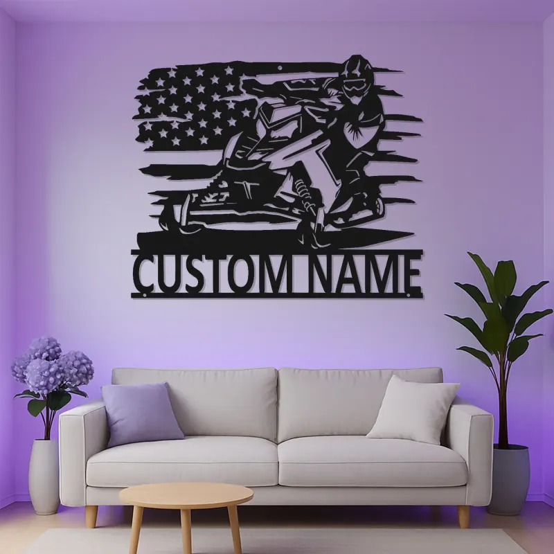 Insegna in Metallo Personalizzata Snowmobile | Arte Murale LED | Decorazione con Nome del Pilota per Garage o Man Cave | Regalo Patriottico per Sport Invernali