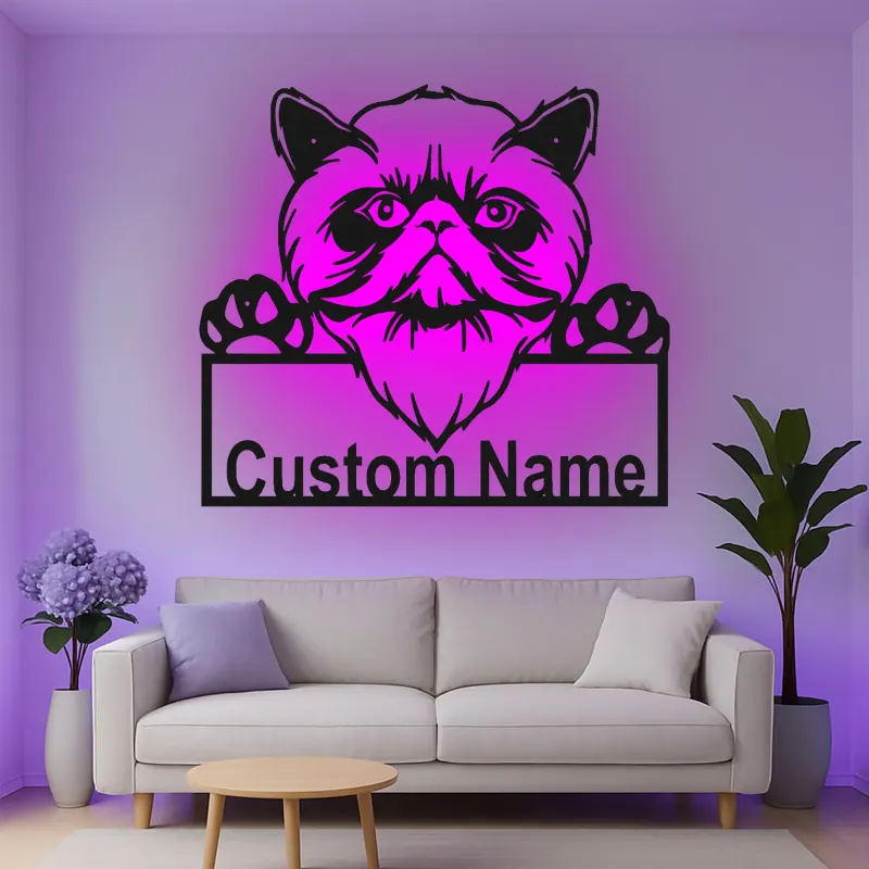 Décoration murale en métal personnalisée avec lumière LED pour chat persan - Cadeau unique pour les amoureux des chats