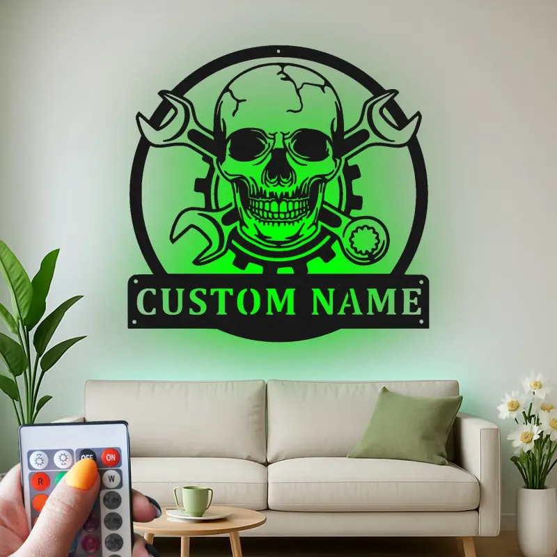Cartel LED de Calavera Mecánica | Arte de Pared Personalizado para Garaje | Decoración de Taller Personalizada para Él | Luz de Man Cave Gearhead