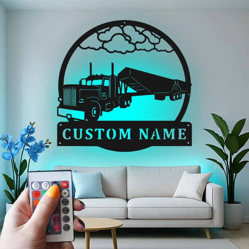 Insegna in Metallo per Camion Semi Personalizzata | Arte Murale LED per Garage o Man Cave | Regalo Personalizzato per Camionisti | Decorazione Silhouette Hauler