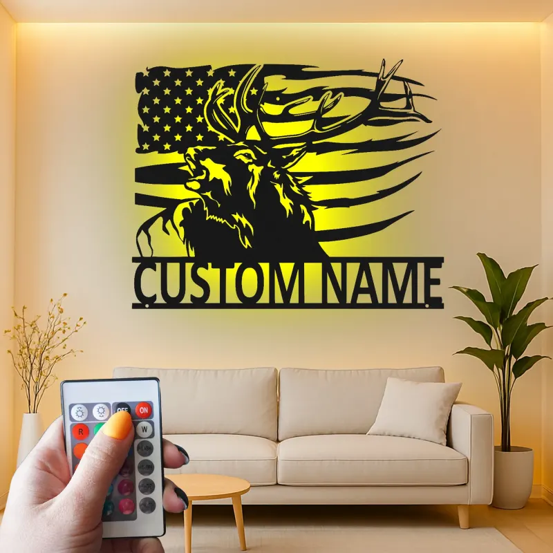 Custom Deer with American Flag Led Light Metal Wall Art Personalized Gift for Hunters Rustic Cabin Decor