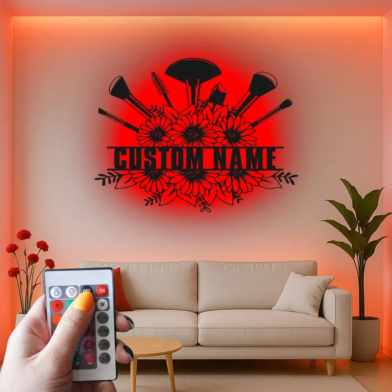 Panneau maquilleuse sur mesure | Décoration murale florale LED en métal | Décor personnalisé pour salon de beauté | Logo coiffeuse