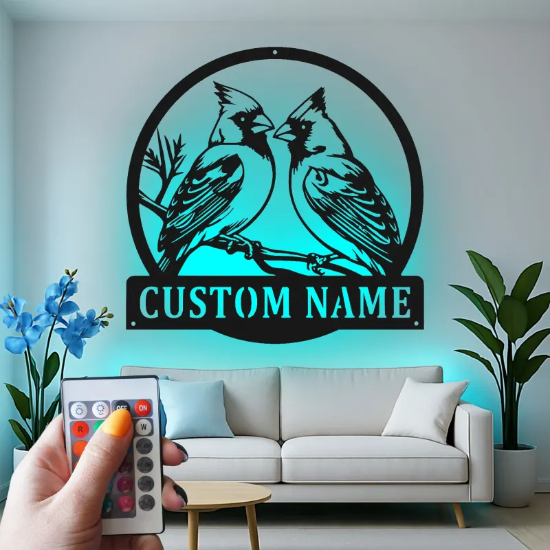 Insegna in metallo personalizzata con coppia di cardinali e luce LED - Regalo per amanti degli uccelli - Decorazione per soggiorno e natura 1