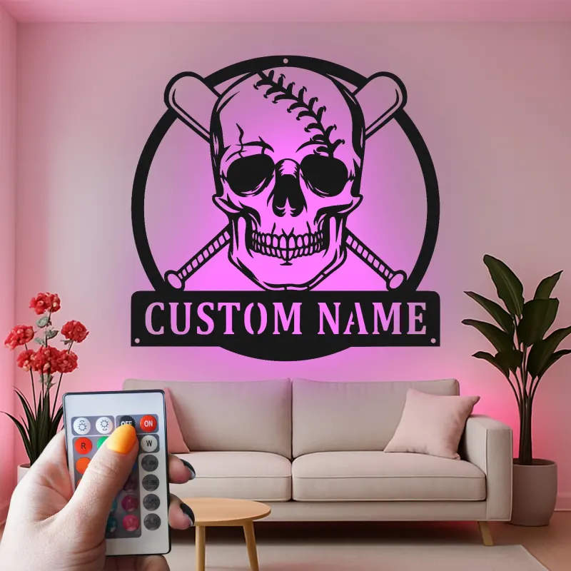 Cartel de metal personalizado de calavera de béisbol con luz LED, regalo único para aficionados al béisbol, decoración para sala de juegos