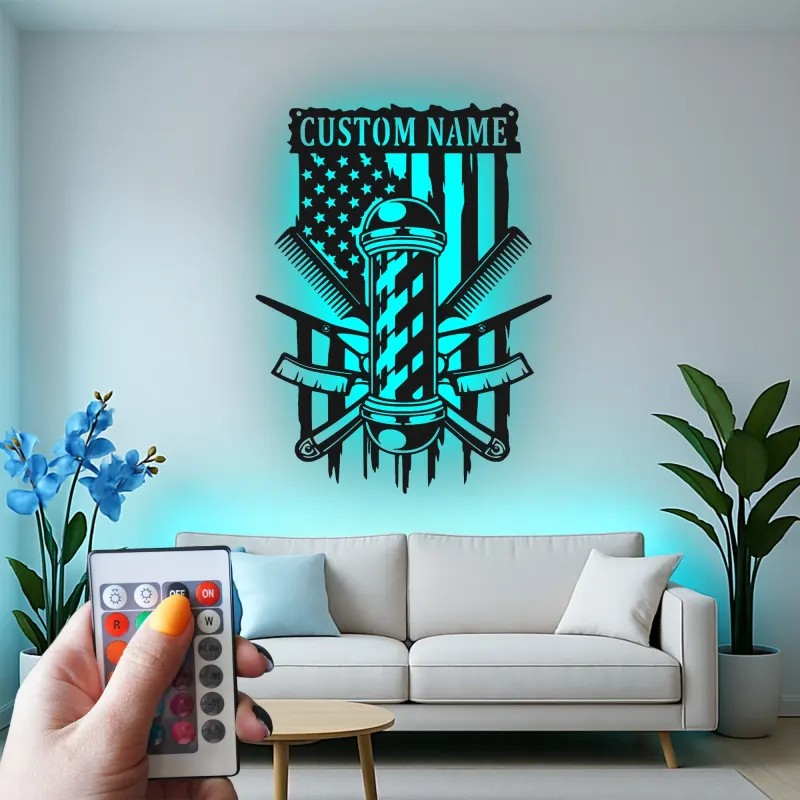 Cartel de metal LED personalizado de barbero con luz, regalo para barberías, decoración de salón para peluqueros