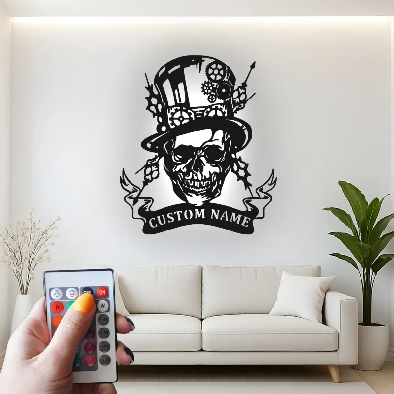 Insegna in metallo LED Teschio Steampunk | Insegna con Nome Personalizzato per Man Cave | Decorazione per Stanza di Gioco Gotica con Cappello a Cilindro e Ingranaggi