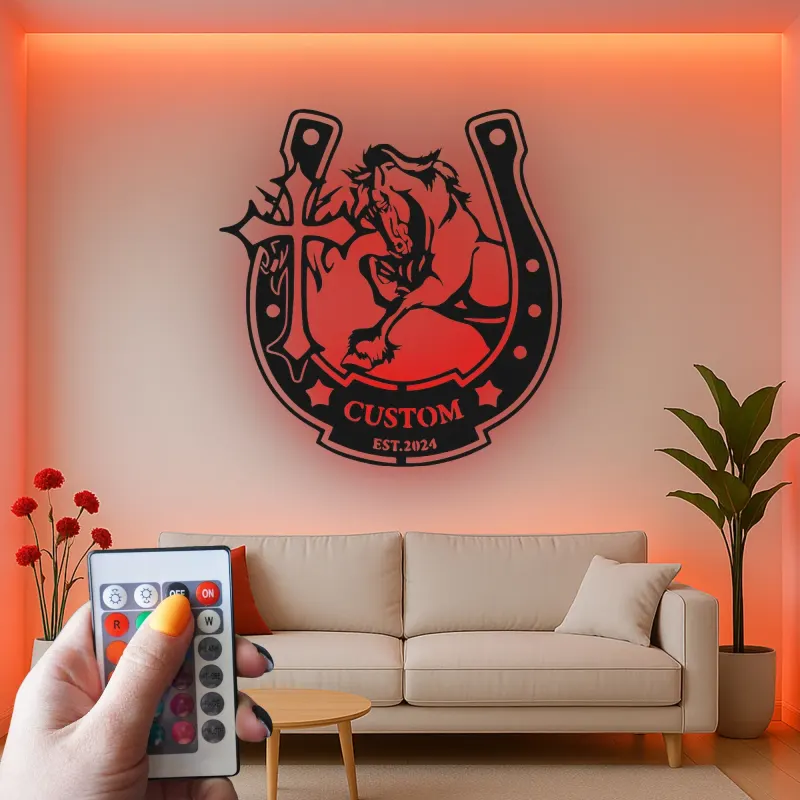 Custom Horse LED Metal Sign | Personalized Horseshoe Cross Wall Art | Equestrian Ranch Decor for Horse Lovers