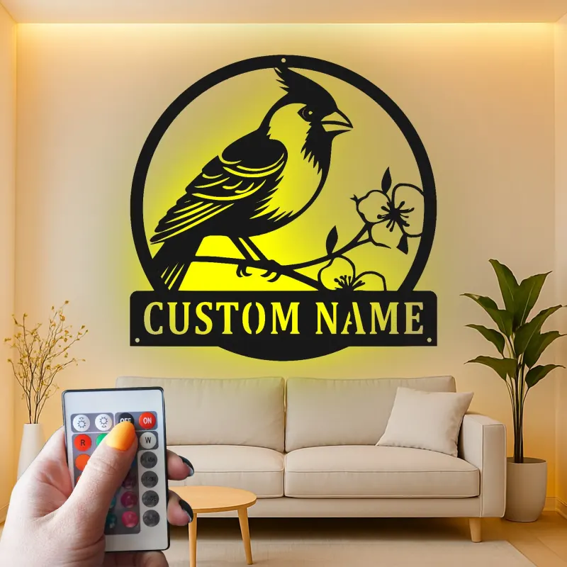 Décoration murale en métal personnalisée avec lumière LED en forme de cardinal - Cadeau pour amoureux de la nature - Décor de salon ou de jardin