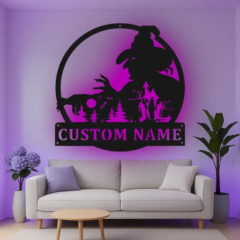 Cartel de metal personalizado con escena de bosque de brujas y luz LED Regalo único de Halloween Decoración espeluznante para el hogar
