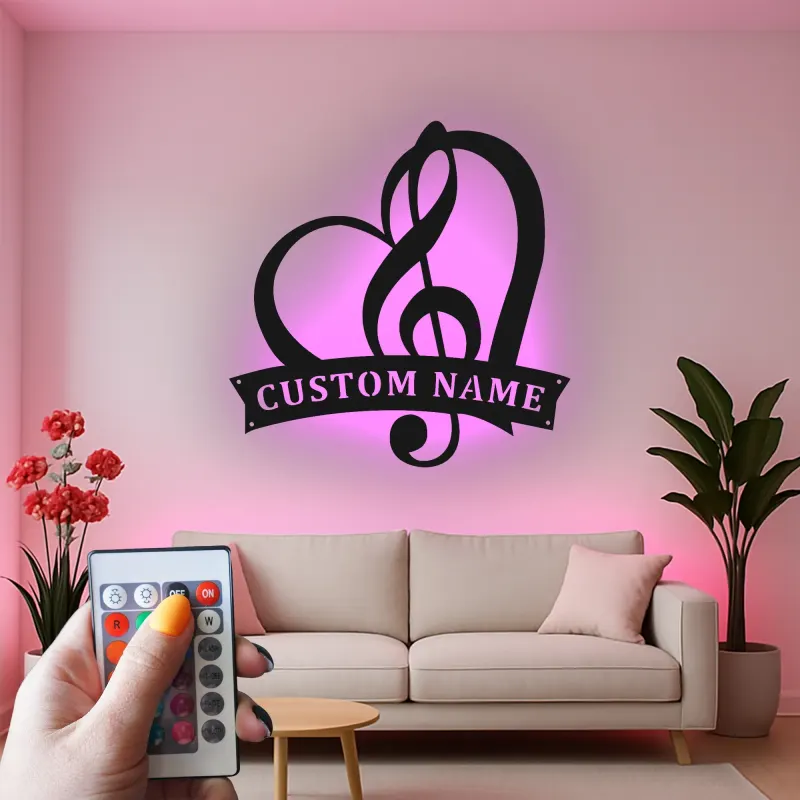 Panneau note de musique personnalisé | Décoration murale en métal LED sur mesure | Cadeau romantique pour musicien | Décor cœur et clé de sol