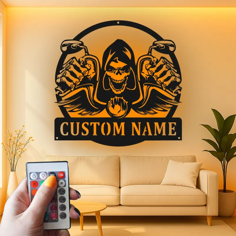 Plaque en métal Faucheuse à moto | Décoration murale LED personnalisée | Plaque motard sur mesure pour garage et man cave