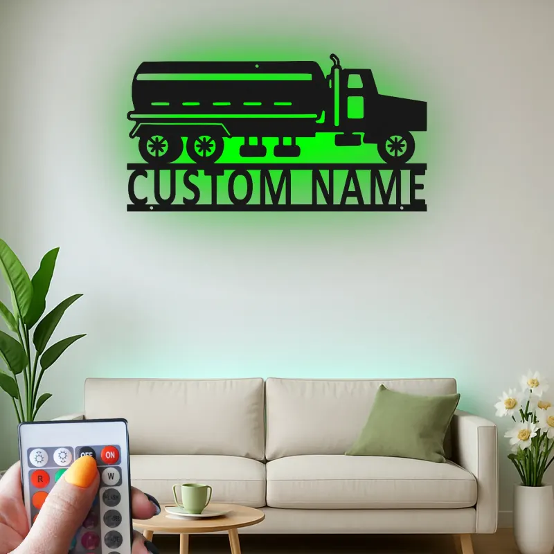Cartel de Metal de Camión Cisterna Personalizado | Arte de Pared LED para Garaje | Decoración Industrial para Man Cave | Regalo Personalizado para Camioneros