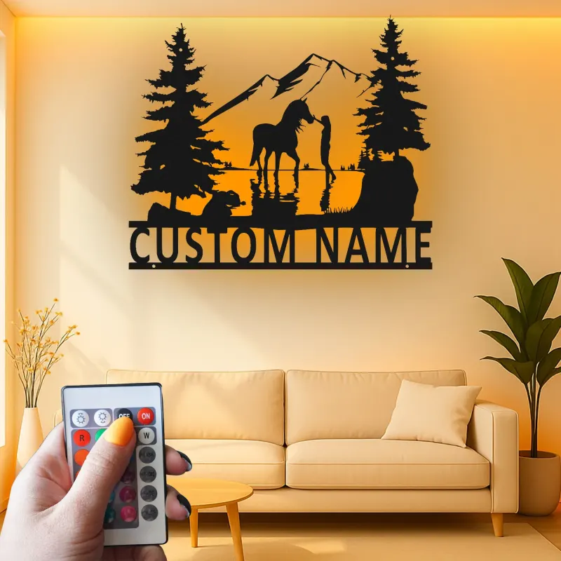 Arte mural de metal personalizado con caballo | Cartel LED ecuestre a medida | Decoración rústica de casa de campo | Regalo para amantes de los caballos