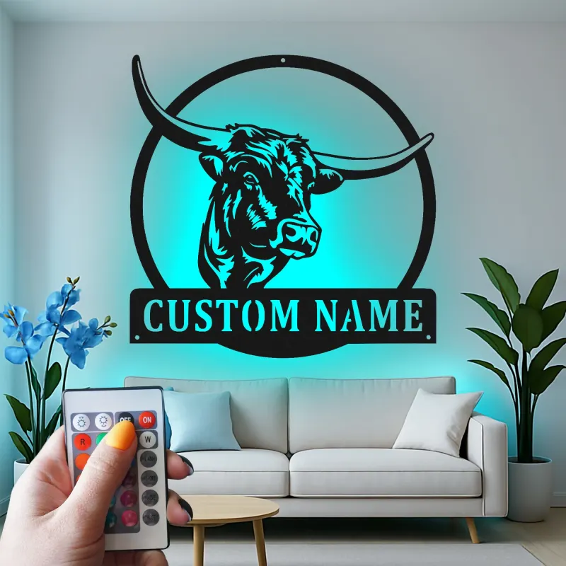 Décoration murale en métal personnalisée avec longhorn et rétroéclairage LED - Cadeau pour rancher, décoration de style western pour la maison