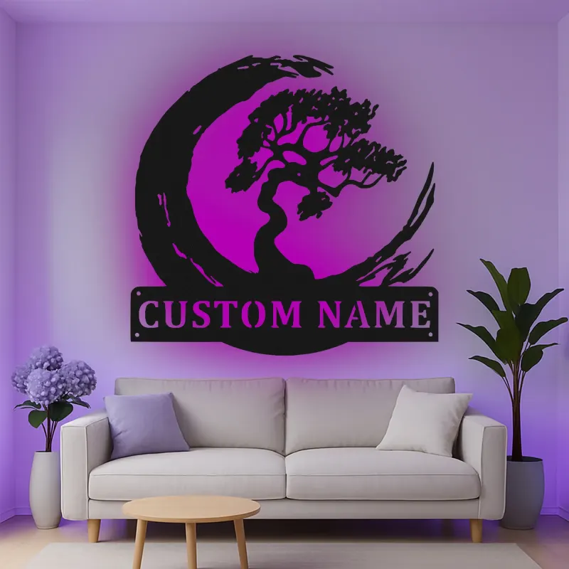 Décoration murale en métal personnalisée Arbre Bonsai avec rétroéclairage LED Cadeau Zen pour la maison Décor de salon tranquille 1