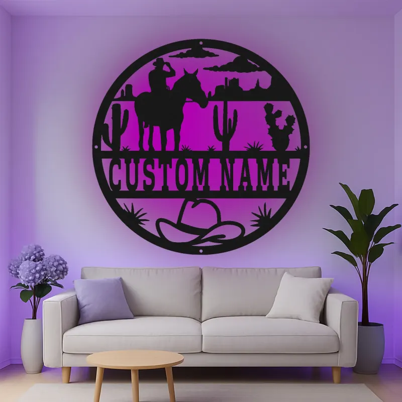 Cartel de metal LED personalizado de vaquero y caballo, regalo western para él, decoración rústica para rancho 3