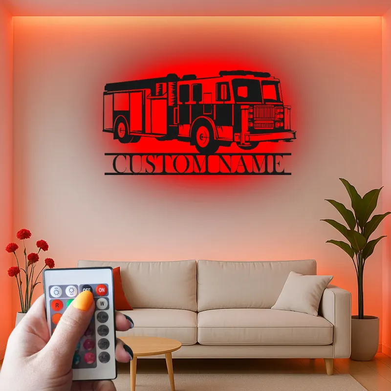 Insegna in metallo personalizzata con autopompa | Decorazione murale LED per vigili del fuoco | Decorazione su misura con nome per caserma | Regalo per pompiere