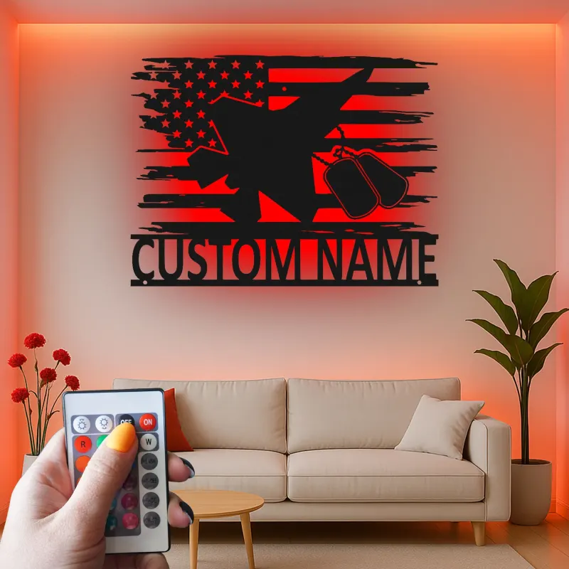 Insegna in metallo personalizzata per jet militare | Arte murale LED personalizzata | Regalo patriottico per veterani e decorazione con bandiera americana