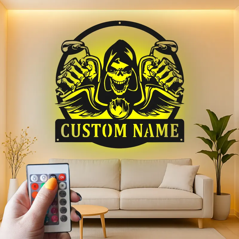Plaque en métal Faucheuse à moto | Décoration murale LED personnalisée | Plaque motard sur mesure pour garage et man cave