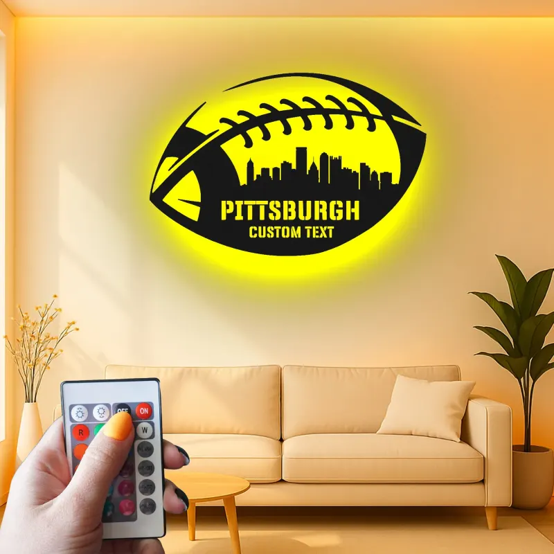 Décoration murale en métal football personnalisée | Enseigne LED personnalisée avec skyline de ville pour salle de jeux | Cadeau pour fan de sport