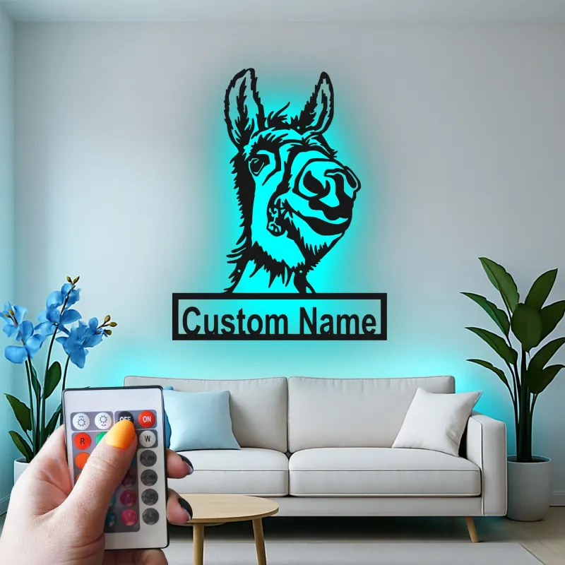 Personalisierte LED-Metall-Wandkunst mit Esel – Geschenk mit Bauernhoftier, rustikale Wohnkultur für Tierliebhaber