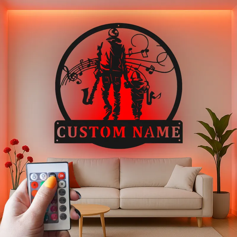 Personalized Saxophone Player LED Sign | Custom Musician & Child Metal Wall Art | Music Room Decor | Gift for Dad