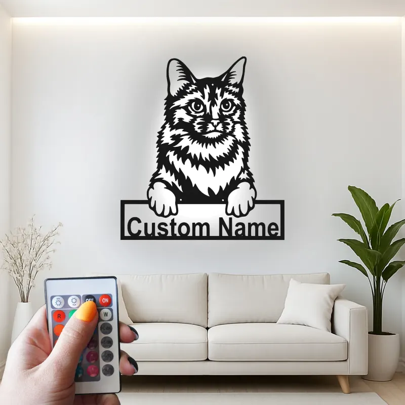 Insegna in metallo personalizzata con luce LED per gatti - Regalo per amanti dei gatti, decorazione per soggiorno o camera da letto