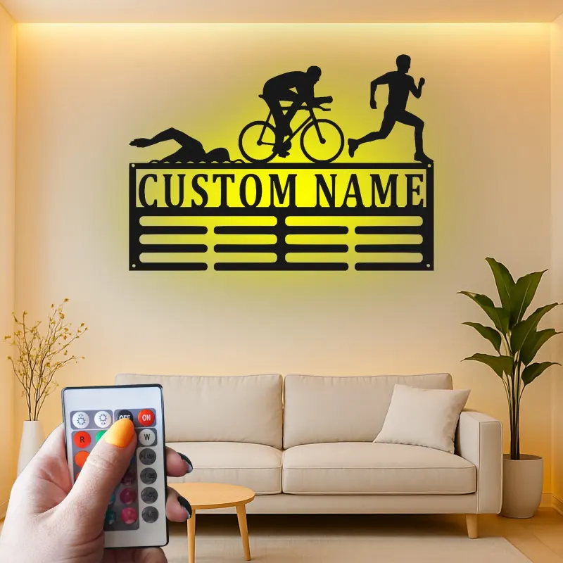 Insegna in metallo personalizzata Triathlon con luce LED regalo personalizzato per atleti decorazione per home gym per triatleti
