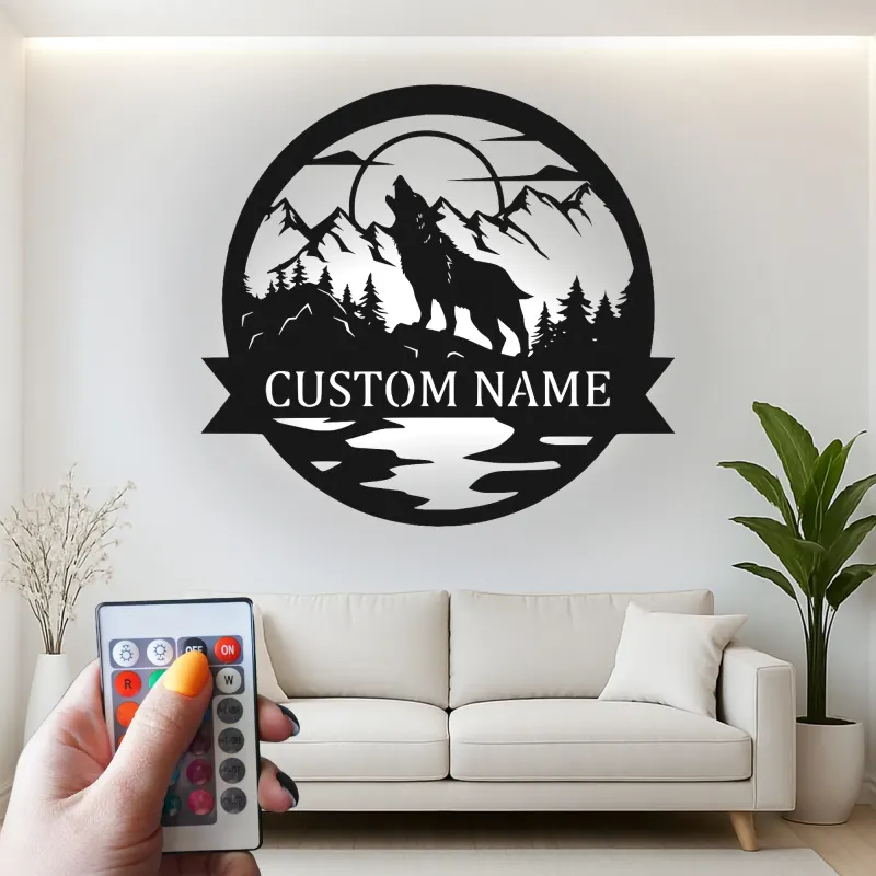 Personalisierte Wolf Heulende Bergszene LED Metall-Wandkunst Geschenk für Naturfreunde Cabin oder Lodge Dekor