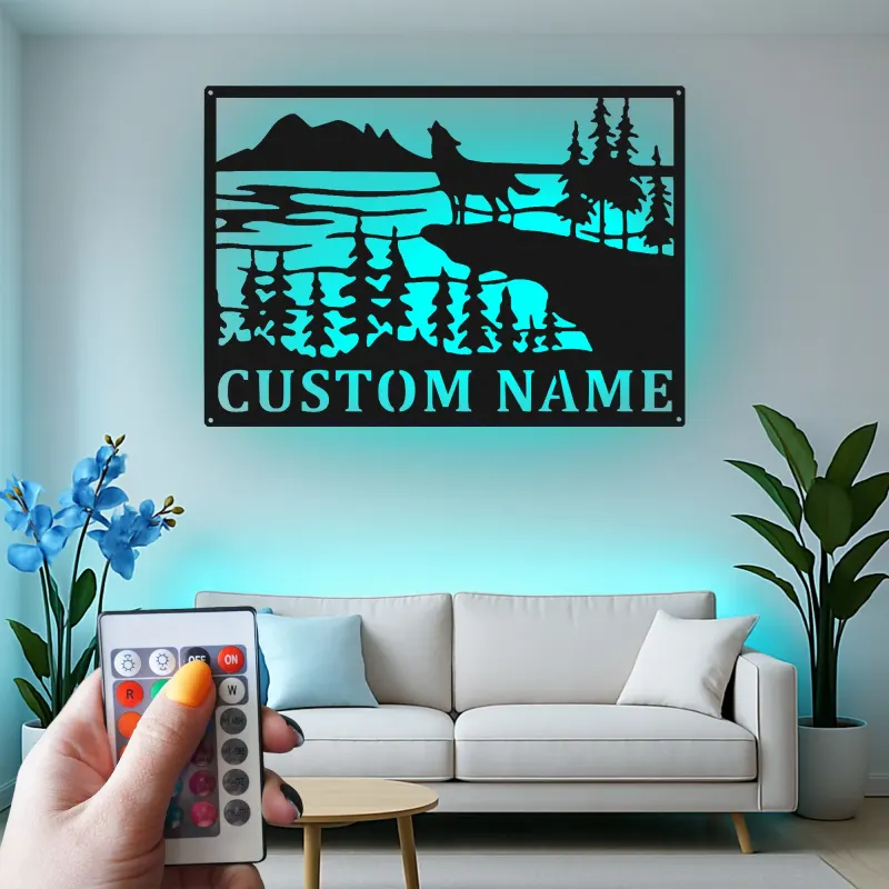 Custom Wolf Howling Landscape Led Light Metal Wall Art Personalized Nature Lover Gift Cabin Decor