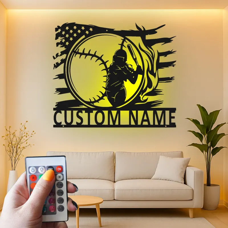 Insegna in metallo personalizzata per giocatore di softball con luce LED regalo per atleti decorazione per stanza sportiva 2