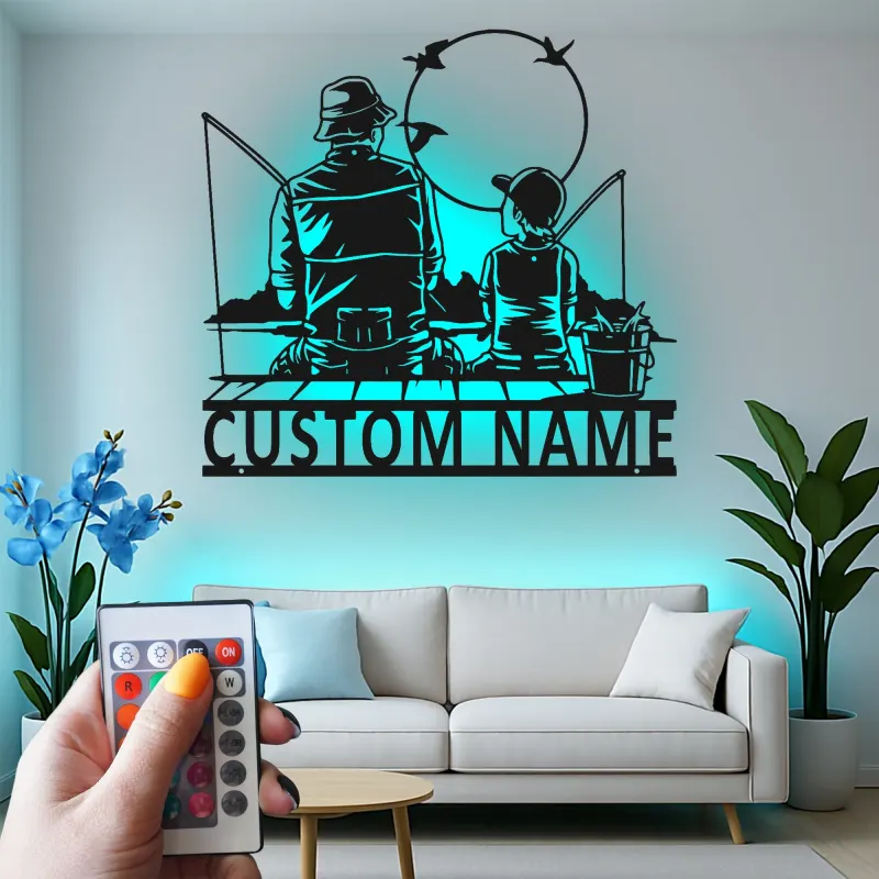Custom Fishing LED Metal Wall Art | Personalized Father & Son Decor | Lake House & Cabin Gift