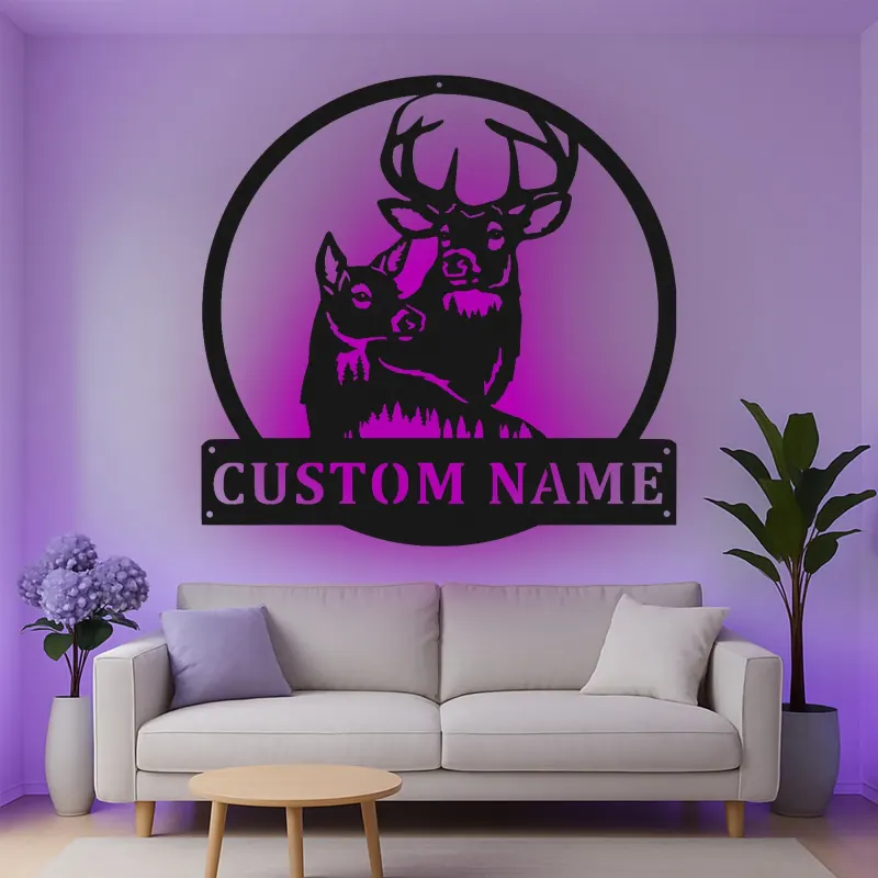 Insegna in metallo personalizzata con luce LED per famiglia di cervi - Regalo personalizzato per amanti della natura, decorazione per cabin rustica