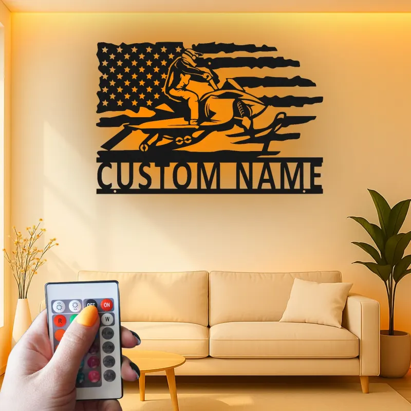 Plaque Métallique LED Personnalisée Motoneige | Art Mural Drapeau Américain Personnalisé | Cadeau Motoneigiste | Décor Man Cave