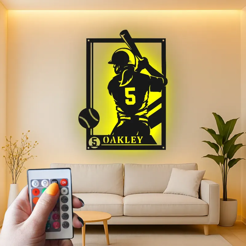 Décoration murale en métal personnalisée joueur de baseball avec rétroéclairage LED