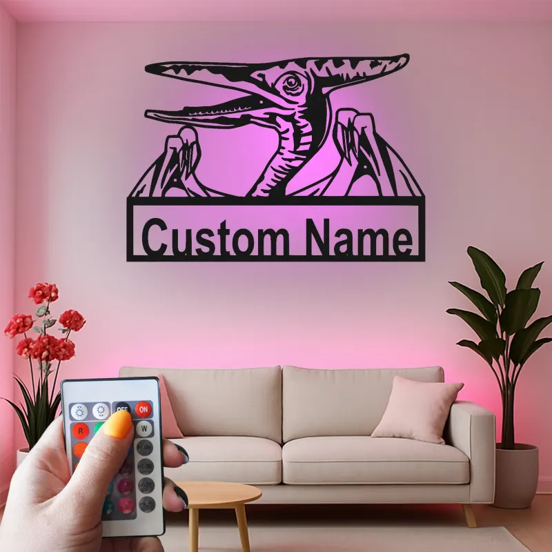 Décoration murale en métal personnalisée avec ptérodactyle et rétroéclairage LED - Cadeau dinosaure pour chambre d'enfants ou salle de jeux