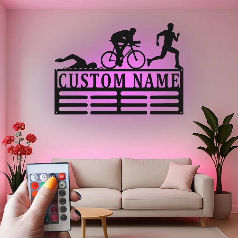 Insegna in metallo personalizzata Triathlon con luce LED regalo personalizzato per atleti decorazione per home gym per triatleti