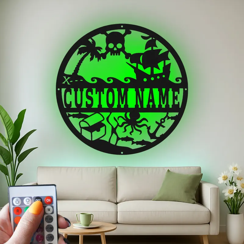 Personalized Pirate Ship Sign | Custom Name LED Metal Wall Art | Nautical Nursery Decor for Kids Room | Skull & Octopus Treasure Art