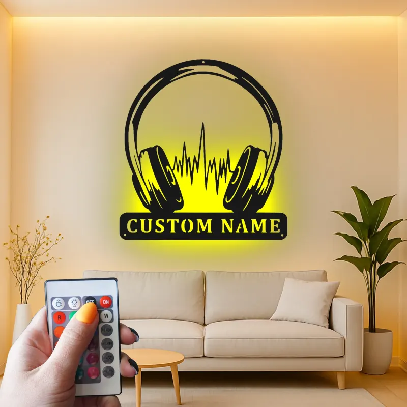 Insegna LED per Cuffie Personalizzata | Insegna in Metallo per Studio DJ | Regalo per Amanti della Musica | Decorazione Soundwave