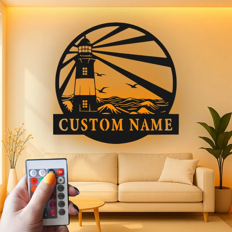 Personalisierte Metalltafel Leuchtturm | LED Strandhaus Dekor | Personalisierte Nautische Wandkunst | Küsten-Ozeanszene