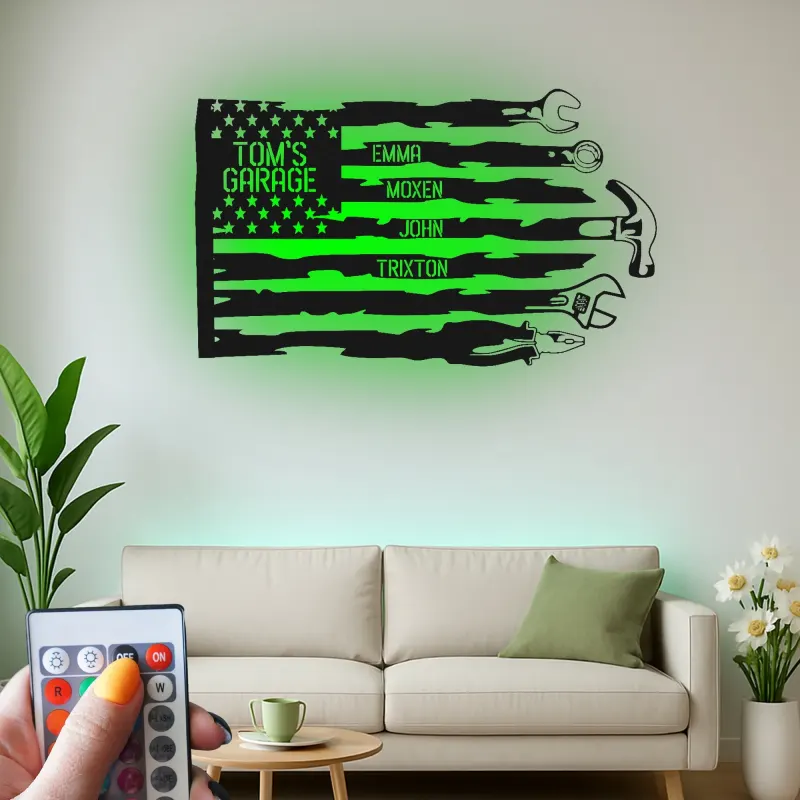 Insegna personalizzata per garage con LED | Arte murale in metallo con attrezzi personalizzata | Decorazione officina patriottica | Regalo per papà