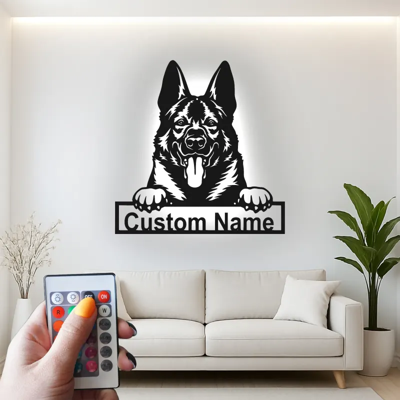 Insegna LED personalizzata con Pastore Tedesco | Arte da parete con nome del cane | Decorazione in metallo retroilluminata per ingresso | Regalo per amanti dei cani