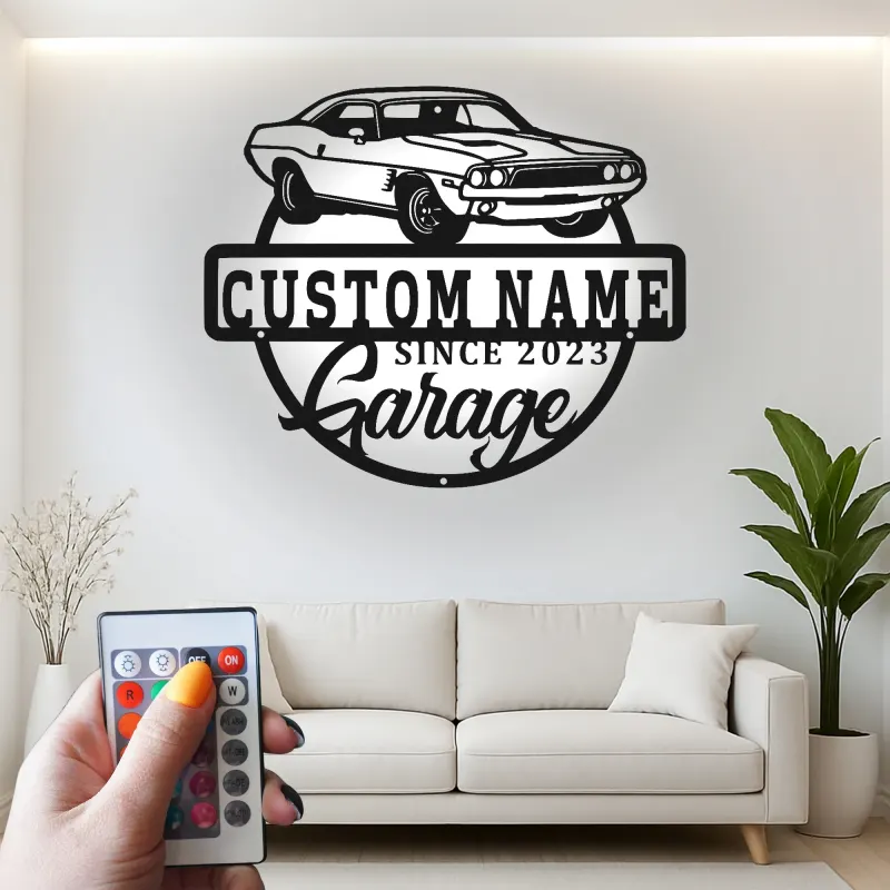 Insegna LED in metallo con muscle car su misura | Arte da parete personalizzata per garage | Arredo vintage per auto | Regalo per appassionati di auto | Arredo industriale per man cave