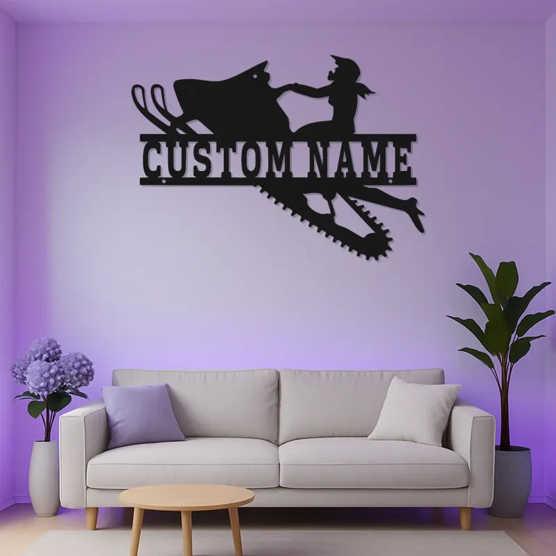 Insegna LED personalizzata per donna in motoslitta | Decorazione murale in metallo su misura | Regalo invernale per lei | Silhouette rider